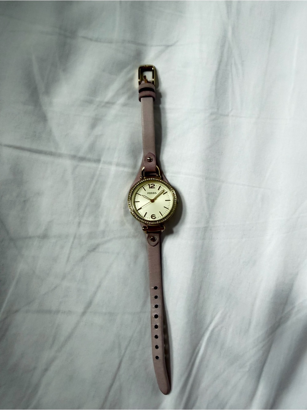 Fossil Pink Leather Crystal Watch | Rose Gold Tone Genuine Leather Watch